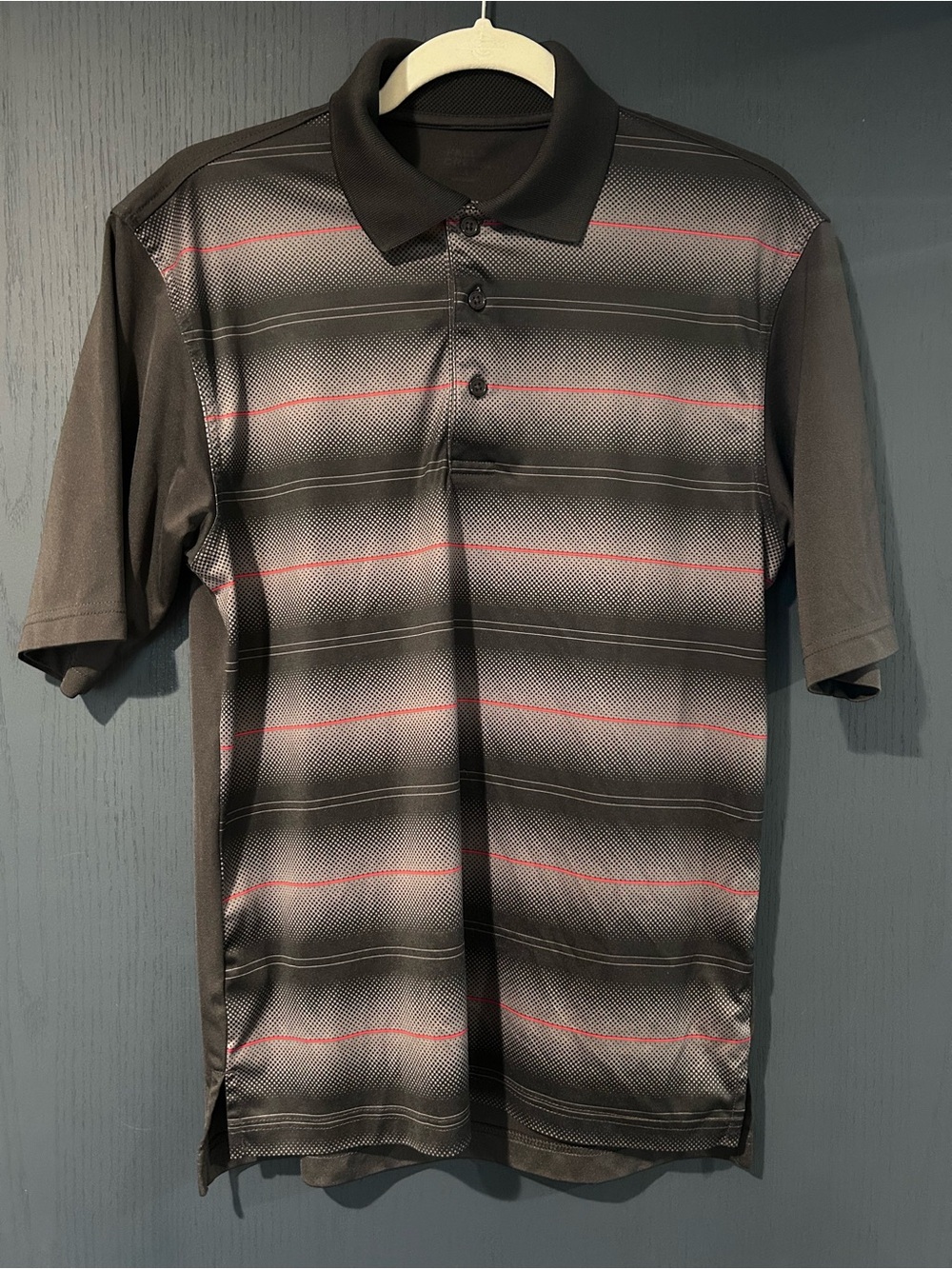 Falls Creek Men's Black and Gray Polo with Subtle Red Stripes
